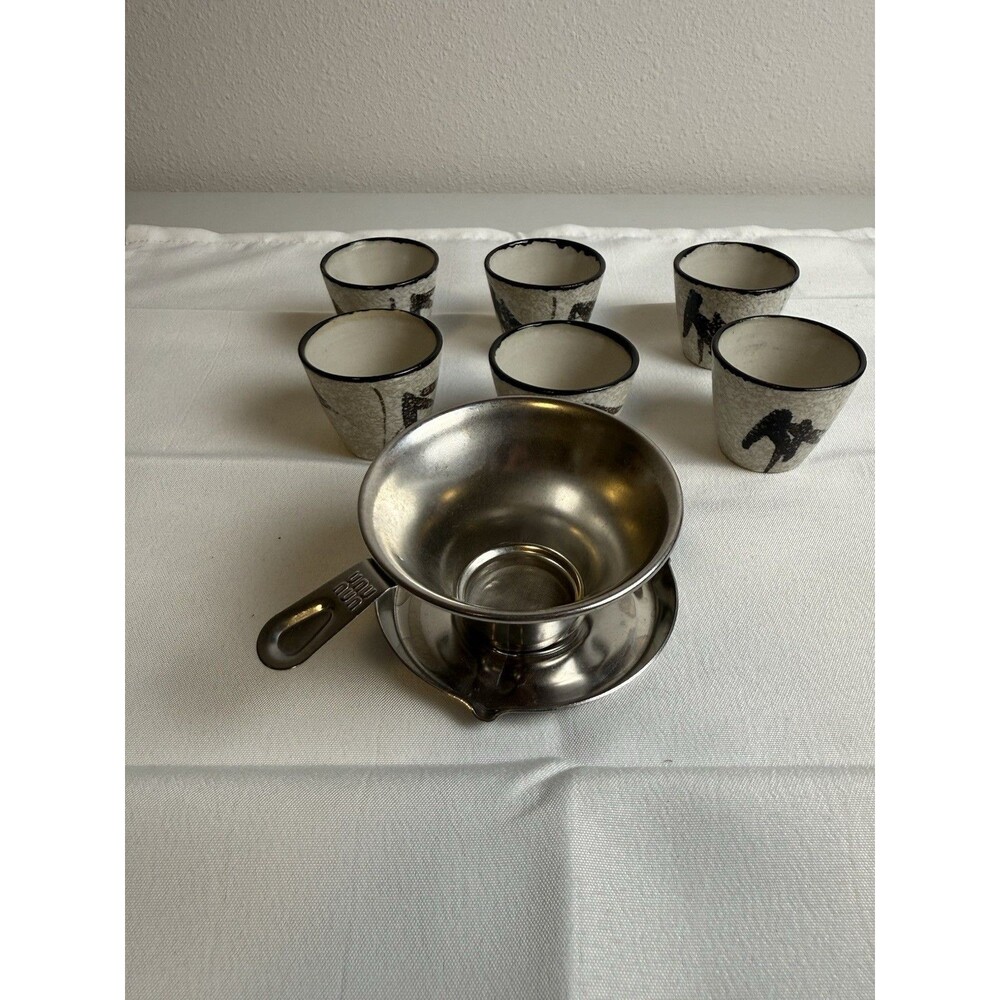 Set of 6 Ceramic Cups Black Rim Brushstroke Pattern Round with Mesh Strainer Set